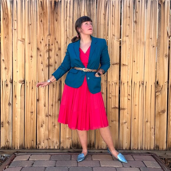 Vintage 60s Dress Fit Flare Chiffon Hot Pink Fuchsia Sleeveless V Neck Size M/L - Picture 4 of 12